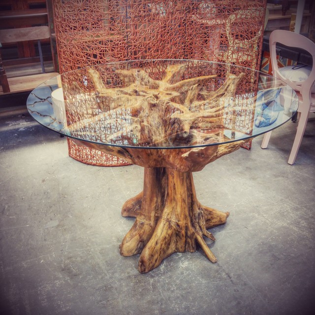 Teak Root Table with Glass Top Nadeau Charlotte