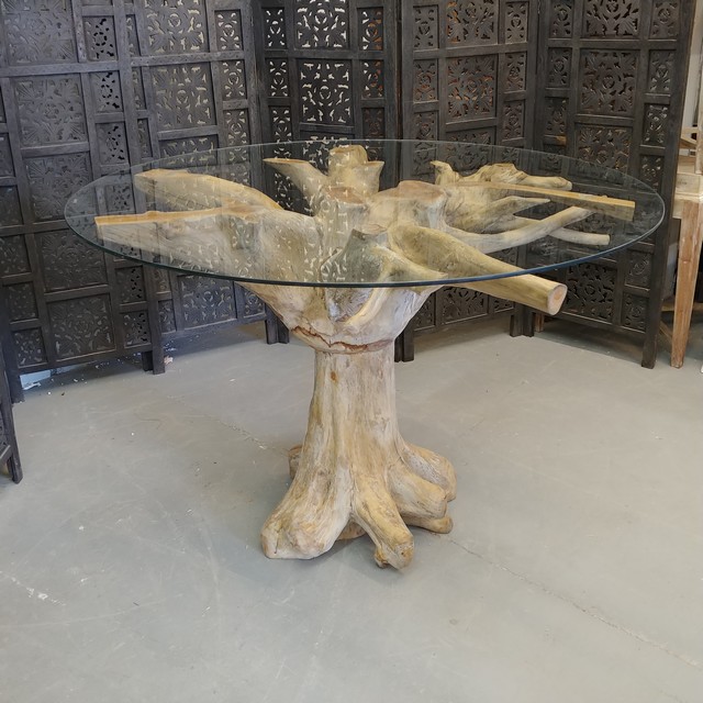 Teak Root Table with Glass Top Nadeau Charlotte